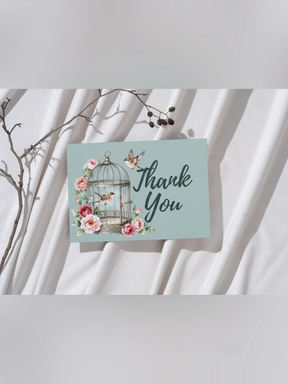 Floral Bird Cage Thank You Cards Set of 15 4x6 Turquoise Roses with Envelopes